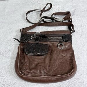 Brighton Leather Crossbody Purse‎ Brown Two Tone Pebble Grain Woven Trim Bag